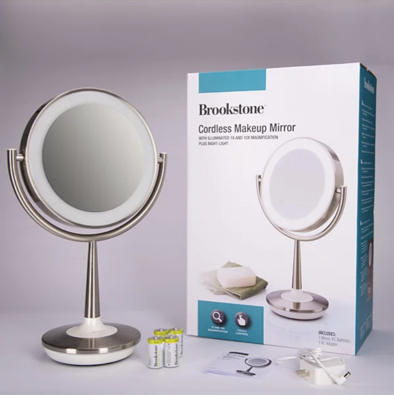 Brookstone Cordless Makeup Mirror with Illuminated 1x and 10x Magnification Plus Night Light