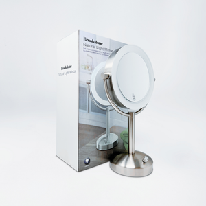 BROOKSTONE | 1X/10X Magnifying Double-Sided Lighted AC Plug-In Chrome Tabletop Mirror