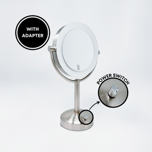 BROOKSTONE | 1X/10X Magnifying Double-Sided Lighted AC Plug-In Chrome Tabletop Mirror