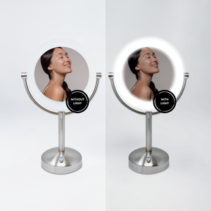 BROOKSTONE | 1X/10X Magnifying Double-Sided Lighted AC Plug-In Chrome Tabletop Mirror