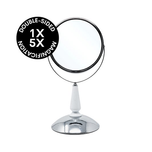 CLEARANCE SALE 1X/5X Magnifying Double-Sided Silver Tabletop Mirror (8"D x 15.75"H)- CL66