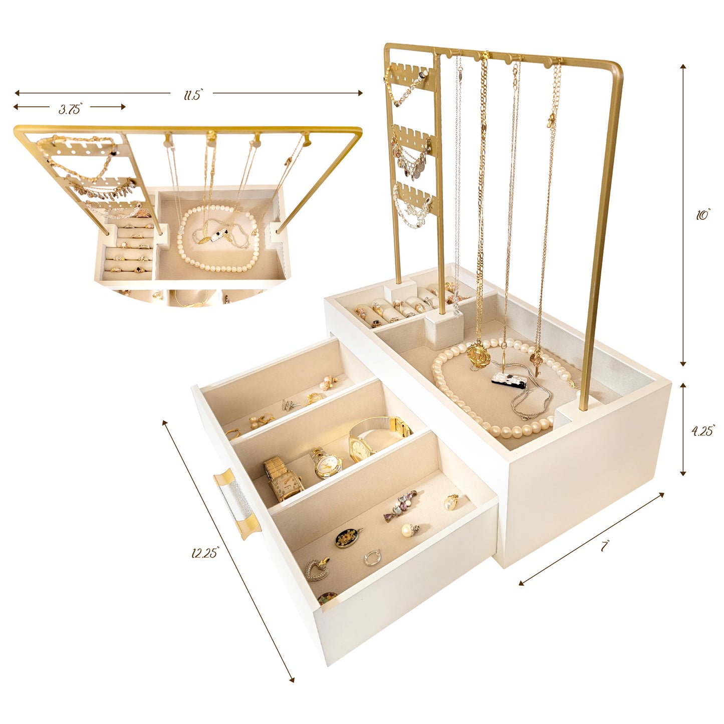 Jewelry Box/Organizer with Stud Holes & Hooks for Necklaces, Earrings, Bracelets, Watches, Rings and Anklets (12" x 15")