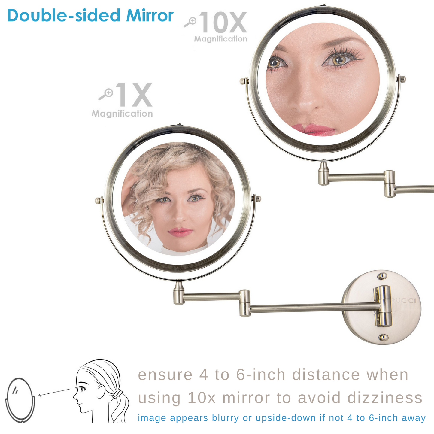 Modern Lighted Wall Mount Magnifying Makeup Mirror - Battery Operated 1X & 10X (M1001 / M1002 - SN)