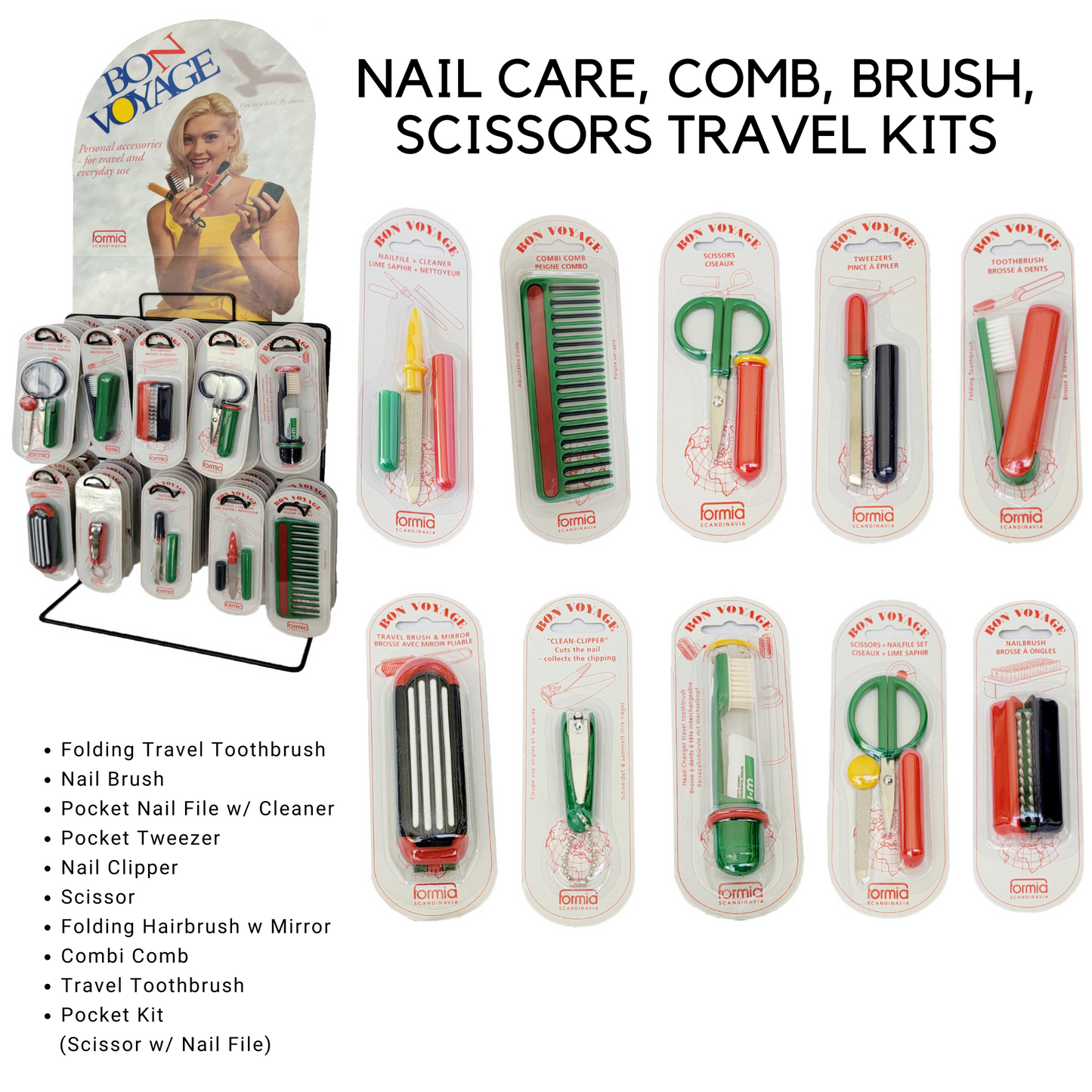 Travel Kits Nail File, Comb, Scissors, Toothbrush, Tweezers, Nail Clippers, Nail Brush 5 Pc Set / Display (HC200)